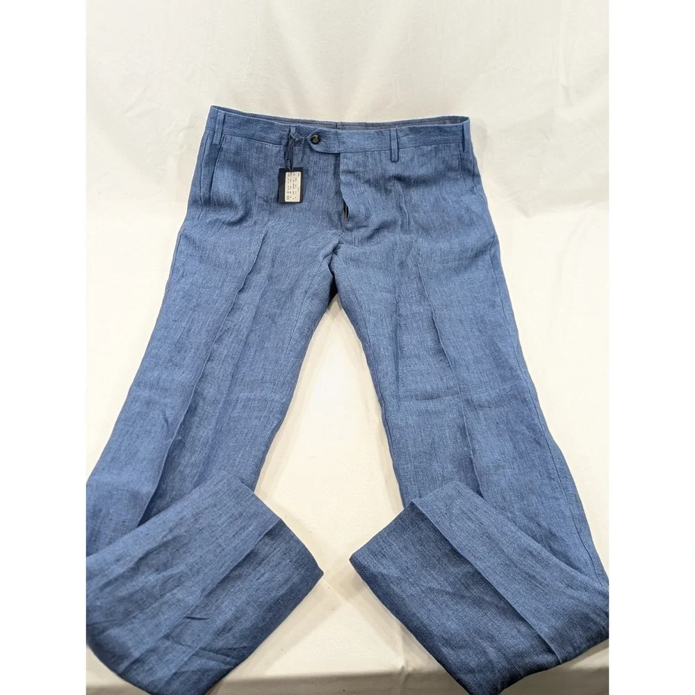 NWT Steven Giles 34x35 Tall Light Blue 100% Linen‎ Slim Trousers Made In Italy